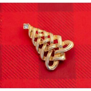 Vintage Mid Century Christmas Tree Gemstone Gold Tone Brooch by Avon- O9